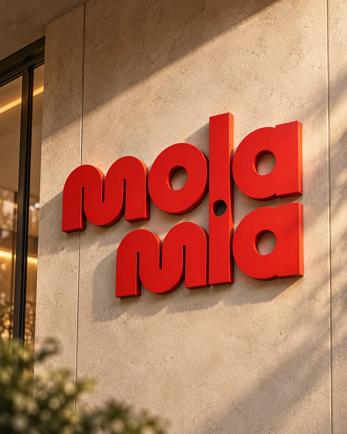 Mola Mia logosu, taş cephe üzerinde kırmızı kabartma harfler