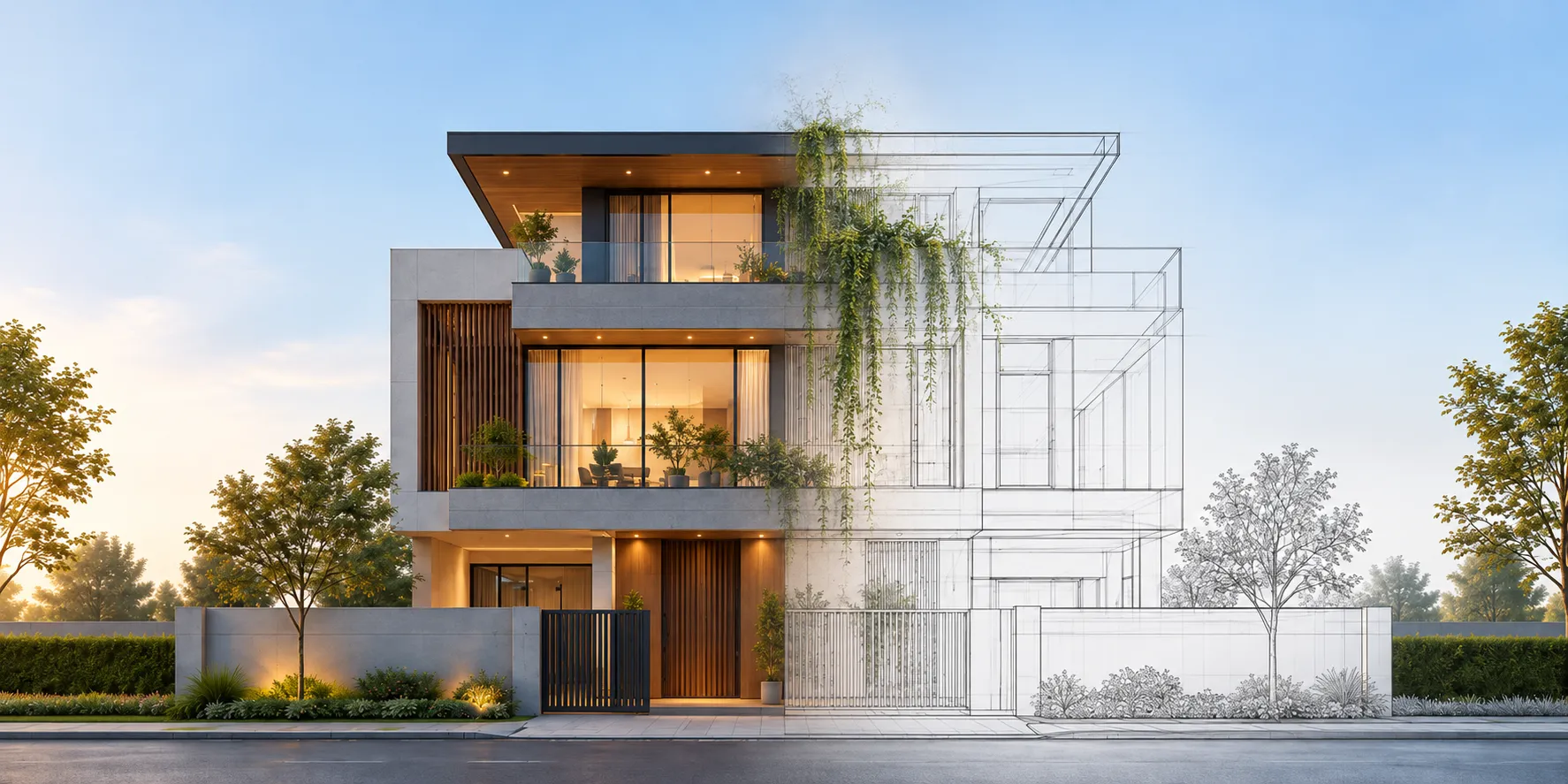 Modern üç katlı villa; yarısı gün batımı ışığında render, yarısı mimari çizim